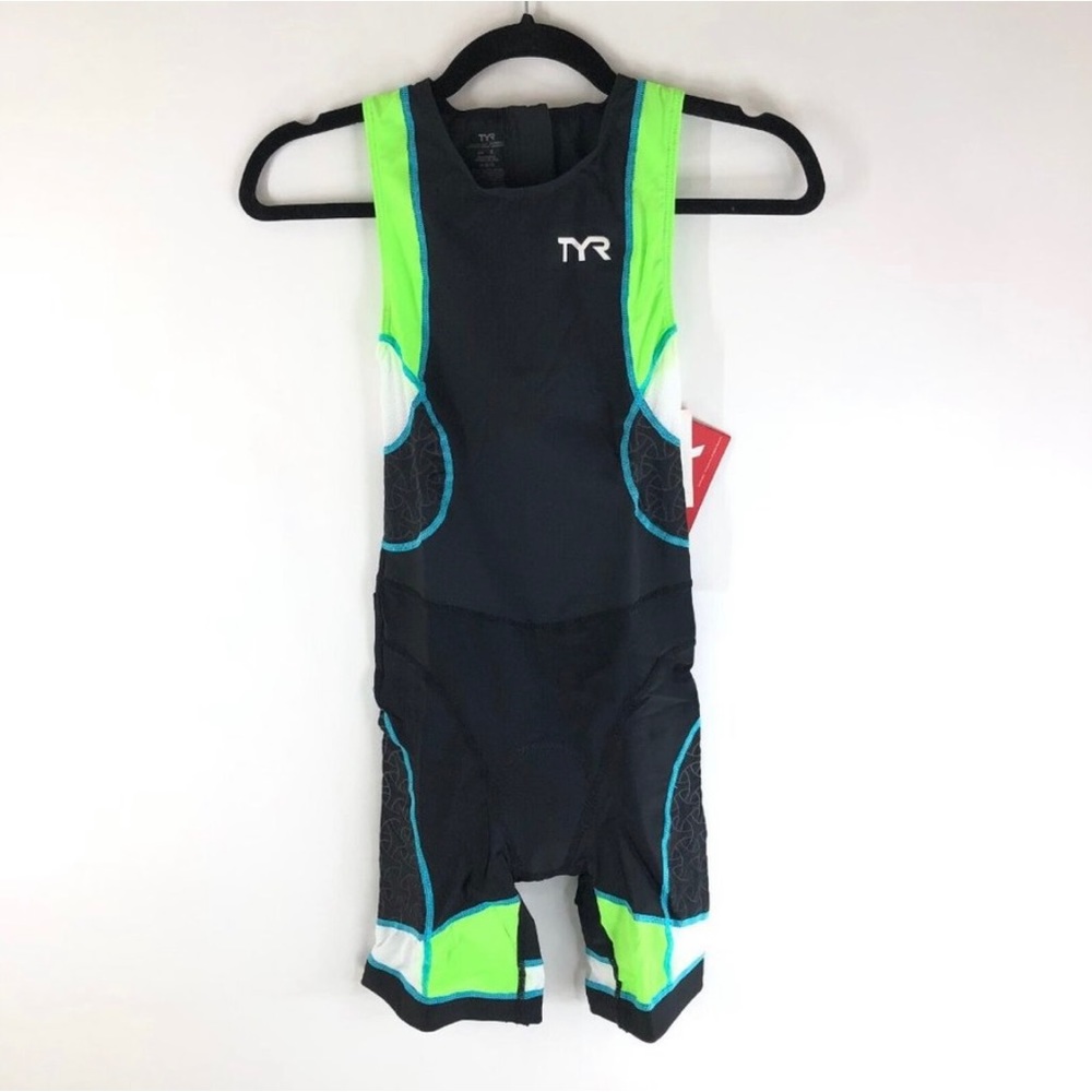 TYR Womens Competitor Trisuit with Back Zipper Triathalon Padded Black Green S